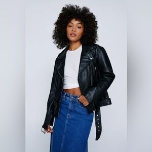 Nasty Gal Real Black Leather Oversized Moto Jacket with Silver Hardware